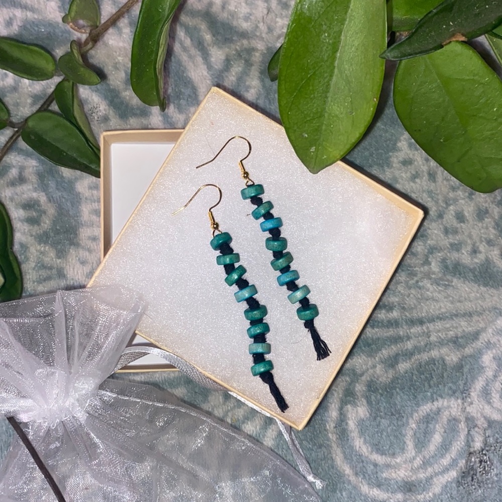 Turquoise  Hand Crafted Macrame Tassel Fringe Earrings Wood Beaded Accents